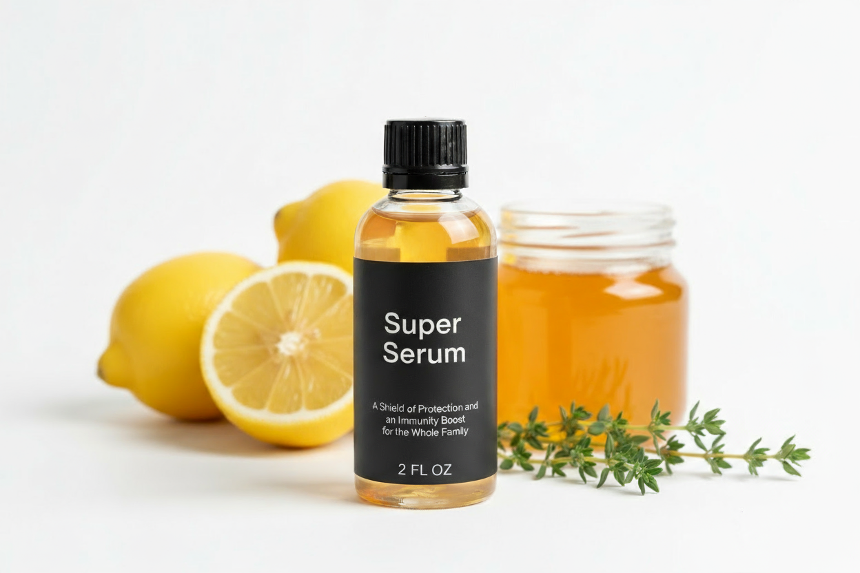 Keep the same image you created for me with this onePlease create an image with a clear bottle 2oz big with a black top. This is a plastic bottle we will be using to add a liquid serum to that we're selling. On the label, please use black words. The name of the product is Super Serum. The tagline is the A Shield of Protection and an Immunity Boost for the Whole Family. Behind it, please include Lemon and honey and thyme. White backdrop. Very clean and minimalist.
Immunity is spelled Immunity